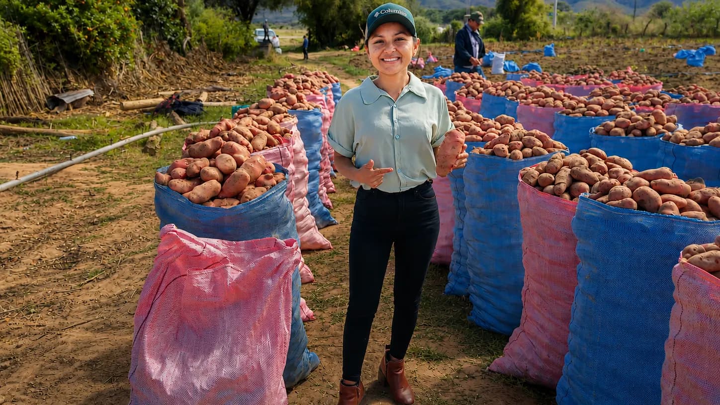 Productora boliviana sonriendo junto a sacos de papa recien cosechada en el campo